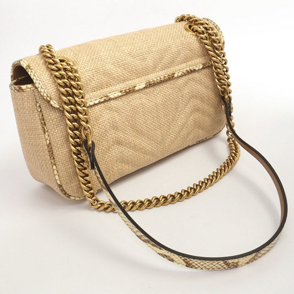 Raffia Small Chain Shoulder Antique Gold Hardware GG Marmont Light Beige - Picture 2 of 7